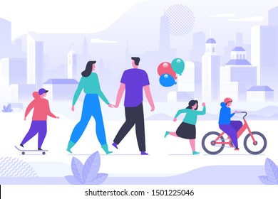 Happy childhood activity flat vector illustration. Smiling parents and little children cartoon characters. Young couple with kids on stroll in city park. Family leisure, outdoor recreation