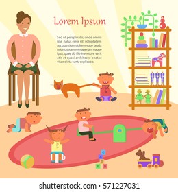 Happy Childhood Banner. Baby Sitter And Children Playing In Kindergarten. Vector Illustration Eps 10