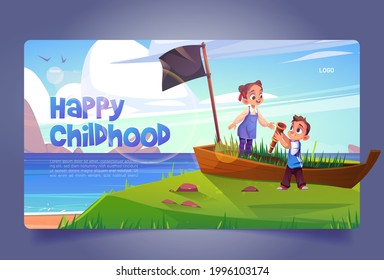 Happy childhood banner with kids play in pirates on sea beach with old boat. Vector landing page with cartoon summer landscape of sand ocean shore with broken ship in grass and children