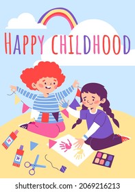 Happy childhood banner or poster template with kids performing craft and art activity, flat cartoon vector illustration. Creative craft lessons and art club for children.