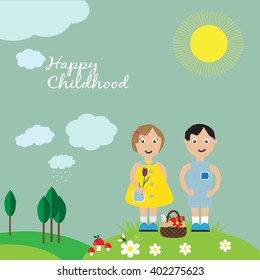 Happy childhood. Happy boy and girl on the meadow. 