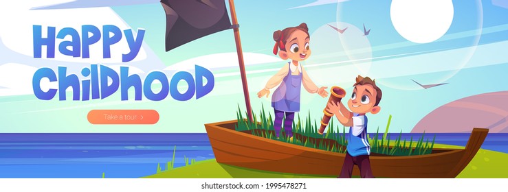 Happy childhood cartoon web banner, kids playing pirates in old wooden boat at sea beach. Children outdoor game, summer vacation, holidays activity. Little boy and girl friends fun vector illustration