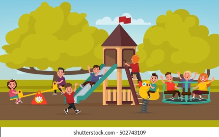 Happy Childhood. Children On The Playground Swinging On A Swing And Ride On The Carousel. Vector Illustration