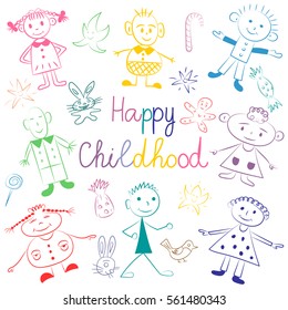 Happy Childhood. Colorful Cute Kids with Toys, Stars and Candies. Funny Children Drawings. Sketch Style. Vector Illustration.