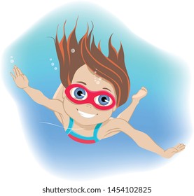 Happy childhood concept. Happy active little girl wearing goggles swimming underwater in a swimming pool during her summer vacation in a colorful cartoon vector illustration