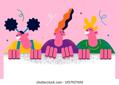 Happy childhood, copy space text concept. Happy children holding empty board for text in hands isolated over pink background vector illustration, copy space