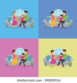 Happy childhood easter family set design. Easter egg and spring happy easter family. Family easter holiday vector illustration in cartoon flat design
