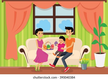 Happy childhood easter family set design. Easter egg and spring happy easter family. Family easter holiday vector illustration in cartoon flat design