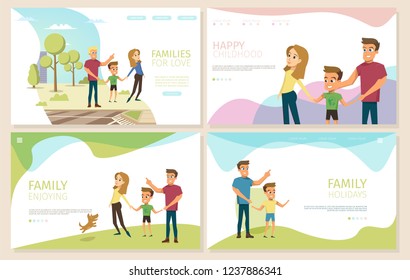 Happy Childhood, Family Holiday, Responsible Parenthood Flat Vector Web Banners Set with Father and Mother Walking with Son Illustration. Parents and Kids Psychological Help Landing Pages Collection