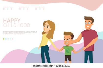 Happy Childhood Flat Vector Horizontal Web Banner with Boy Enjoying Walk with Parents Illustration. Millennial Father and Mother Spending Time with Son. Responsible Parenthood Landing Page Template