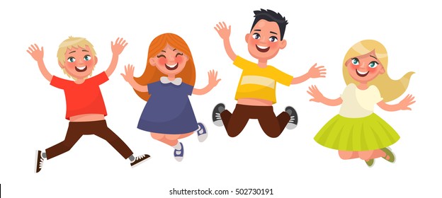 Happy childhood. Funny kids are jumping on a white background. Vector illustration