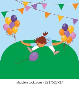 Happy childhood. A girl in a meadow with colorful balloons is having fun. Child character. Flat vector illustration. Bright children's illustration. children's day, birthday, holiday