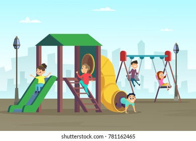 Happy childhood. Kids playing on playground. Area at public park. Kindergarten and preschool area with swing. Vector illustration