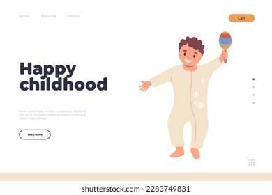 Happy childhood landing page design template with cute little baby child dancing playing game