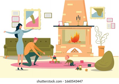 Feliz Infancia. Hombre y mujer riéndose y viendo a su animado hijo garabateando en el suelo con juguetes dispersos por ahí. Padres jugando con bebé en la sala de estar. Ilustración de vectores planos de caricaturas