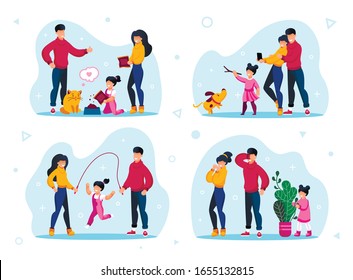 Happy Childhood Moments, Parents Routines Trendy Flat Vector Concepts Set. Parents Teaching Kid to Feed Pet, Playing with Dog Outside, Jumping on Rope, Playing in Hide-and-Seek Isolated Illustrations