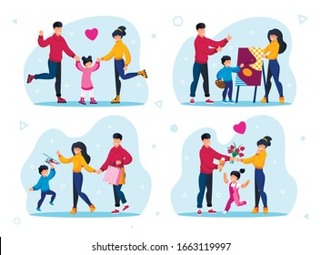 Happy Childhood Moments, Responsible Parenthood Scenes Trendy Flat Vector Concepts Set. Parents with Children Rollerskating, Learning to Draw Painting, Shopping and Spending Time Together Illustration