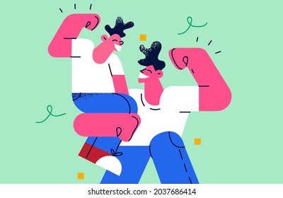 Happy childhood and parenthood concept. Smiling happy father and son cartoon chacacters standing showing strong biceps during playing game together illustration 