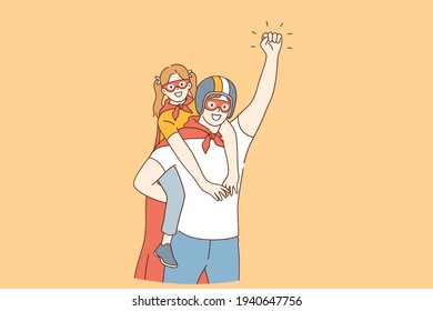 Happy childhood and parenthood, father and daughter concept. Smiling happy daughter girl and father in masks and coats pretending to be superheroes at home during playing game together illustration 