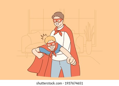 Happy childhood and parenthood, father and son concept. Smiling happy son and father in masks and coats pretending to be superheroes at home during playing game together illustration 