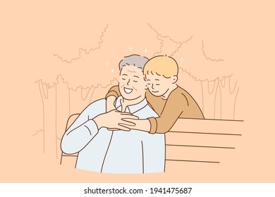 Happy childhood and parenting concept. Smiling senior man sitting on bench and feeling hugs of his grandson hugging him from behind during walk in park in summer vector illustration 