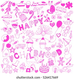 Happy childhood pink graphic art lettering cartoon style many toys set .