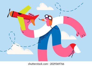 Happy childhood and playing role concept. Young smiling boy child running with plane in hands toy dreaming imagining himself pilot vector illustration 