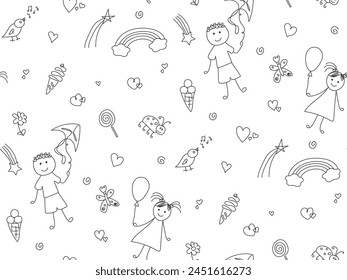 Patrón sin fisuras de la infancia feliz. Dibujo de niños con contorno de garabato. Qué gracioso, niña. Ilustración en blanco y negro. Fondo lindo para el Anuncio, cartel, tarjeta, cubierta