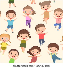 Feliz niñez. Patrón sin foco. Niños y niñas pequeños. El chico está saltando de alegría en la fiesta. Encantador personaje adorable. Buen chico. Estilo de caricatura. Fondo de la imagen. Vector
