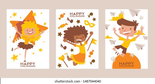 Happy childhood set of cards, posters vector illustration. Multiracial school kids. Boys and girls jumping. Funny cartoon children, kids. Paper airplanes, candies on background.
