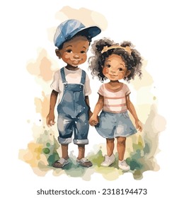 Happy childhood of  sister and brother in watercolor illustration