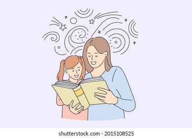 Happy childhood and spending time with children concept. Smiling happy mother and her daughter cartoon characters reading book together vector illustration 