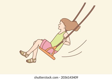 Happy childhood, summer activities concept. Young smiling girl sitting riding on swing un summer having fun outdoors vector illustration 