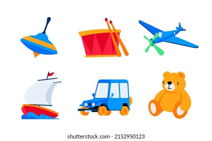 Happy childhood and toys - flat design style icons set. High quality colorful images of whirlpool spinner, drum, helicopter, sailboat, machine and teddy bear. Kindergarten and preschool idea