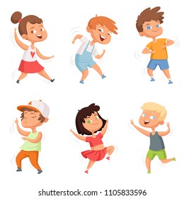 Happy childhood. Various funny dancing kids. Child little group, smile people characters. Vector illustration