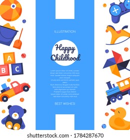 Happy childhood - vector flat design style banner on white background with copy space for text. Page, greeting card with colorful toys, ball, gamepad, pyramid. Activities and leisure games for kids