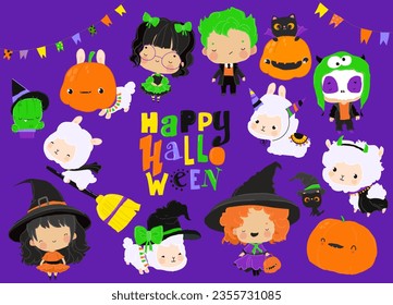Happy Childish Collection with Cute Halloween Elements and Kids
