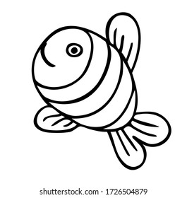 Happy childish fish character illustration hand drawn with black ink - coloring page, vector