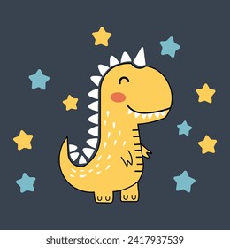 Happy childlike cartoon Tyrannosaurus Rex dinosaur with a black outline, drawn by a child, surrounded by stars and a galaxy night background. Vector illustration.