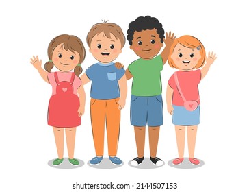 Happy childre. Different cute boys and girls together. Vector illustration