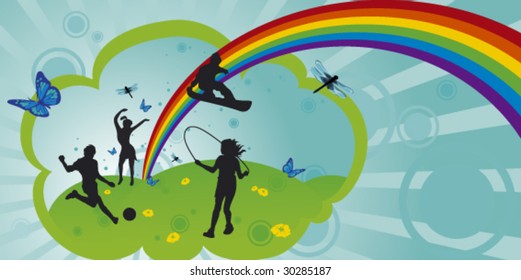 A happy childre world with rainbow