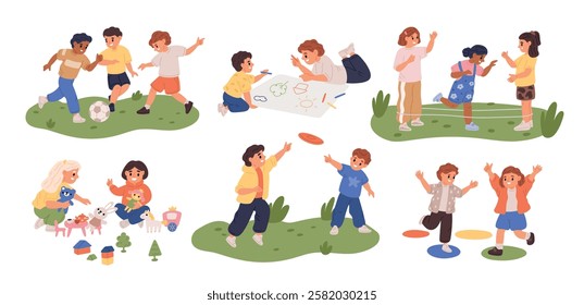 Happy children active games. Smiling kids play outdoor. Group and pair entertainment. Soccer players. Little friends jump with rubber bands. Boys drawing picture. Garish