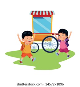 happy children in the amusement park and fair shop isolated vector illustration graphic design