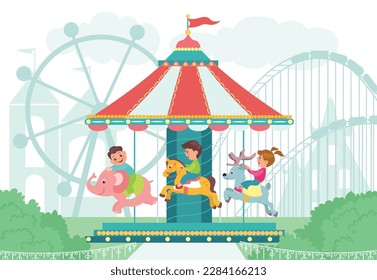 Happy children in amusement park. Happy kids on round carousel. Boys or girls ride merry-go-round. Different attraction animals. Deer and horse. Roundabout elephant