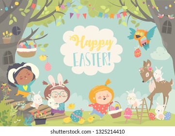 Happy children and animals celebrating Easter in the forest