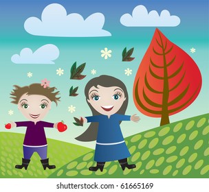 Happy children and autumn - vector illustration