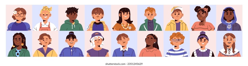 Alegres avatares para niños. Diversos rostros de niños y niñas, diferentes cabezas de niños, retratos de jóvenes, sonrisa de alumnos multinacionales, niño con gafas para el perfil. Ilustración vectorial aislada plana