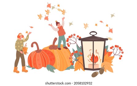 Happy children at backdrop of autumn pumpkins and leaves, flat vector illustration isolated on white background. Happy kids autumn holidays.