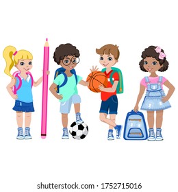 Happy children with backpacks, balls and pencils go to school. Back to school. Vector illustrations of schoolchildren.