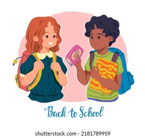 Happy children with backpacks exchange books. Girls and boys elementary pupils. Flat vector illustration. Poster, stickers, printing on clothes